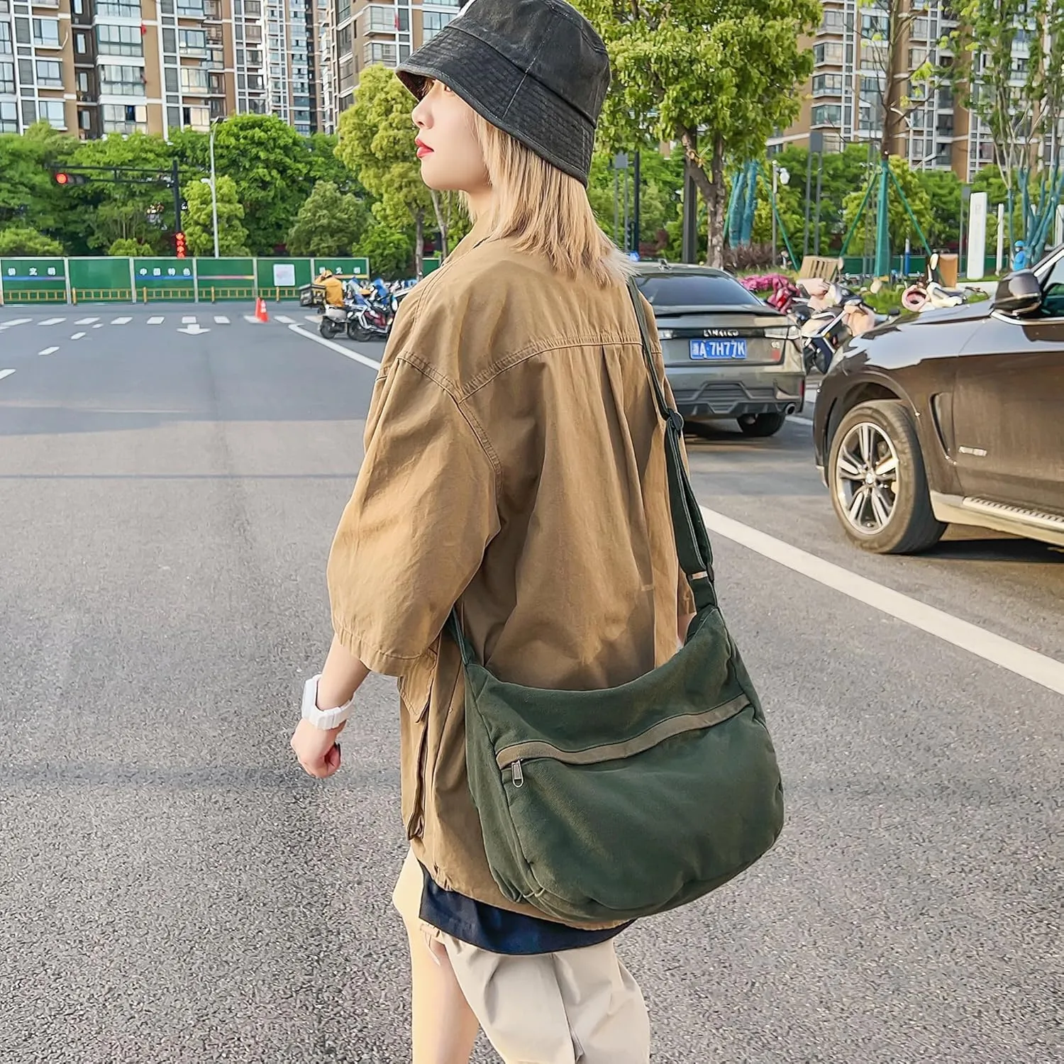 Canvas Messenger Bag Large Hobo Crossbody Bag with Zipper Casual Shoulder Tote Handbag for Women and Men