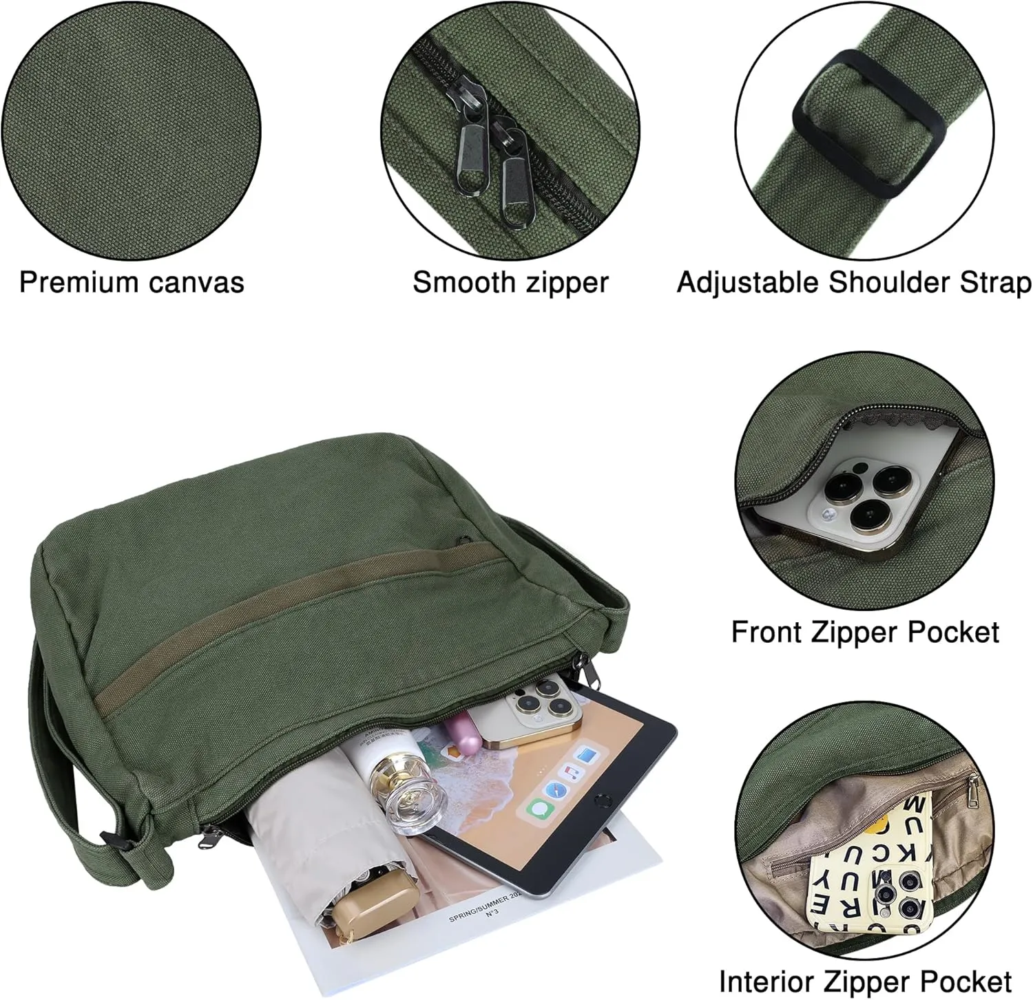 Canvas Messenger Bag Large Hobo Crossbody Bag with Zipper Casual Shoulder Tote Handbag for Women and Men