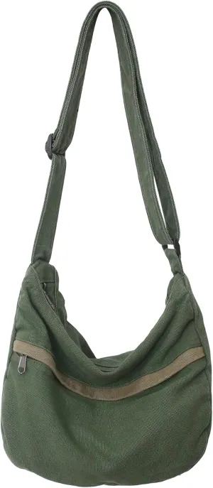 Canvas Messenger Bag Large Hobo Crossbody Bag with Zipper Casual Shoulder Tote Handbag for Women and Men