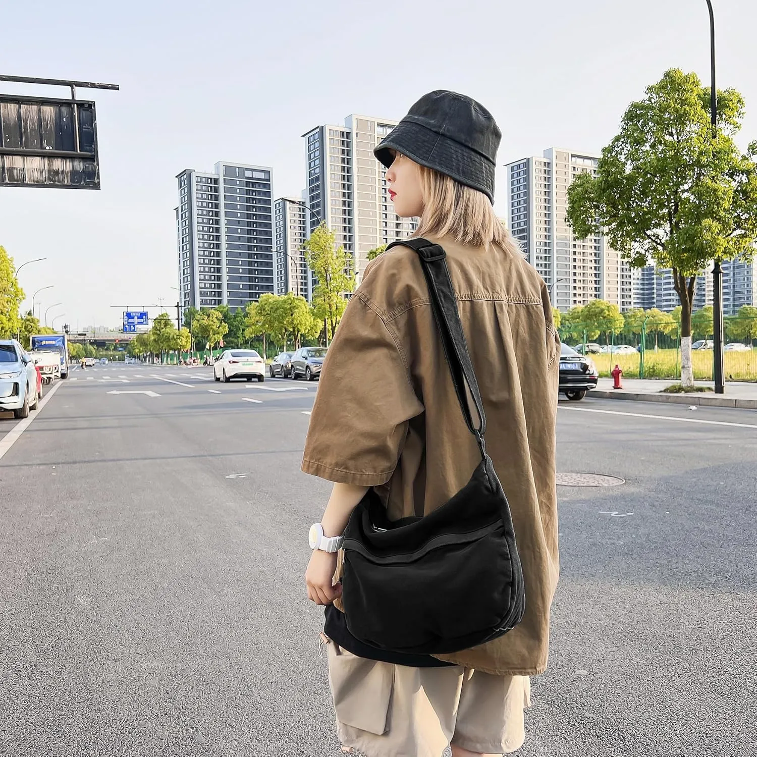 Canvas Messenger Bag Large Hobo Crossbody Bag with Zipper Casual Shoulder Tote Handbag for Women and Men