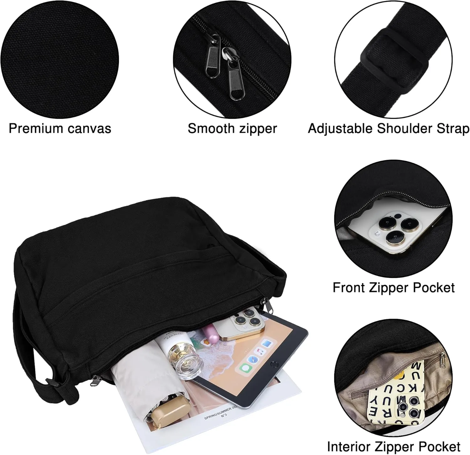 Canvas Messenger Bag Large Hobo Crossbody Bag with Zipper Casual Shoulder Tote Handbag for Women and Men