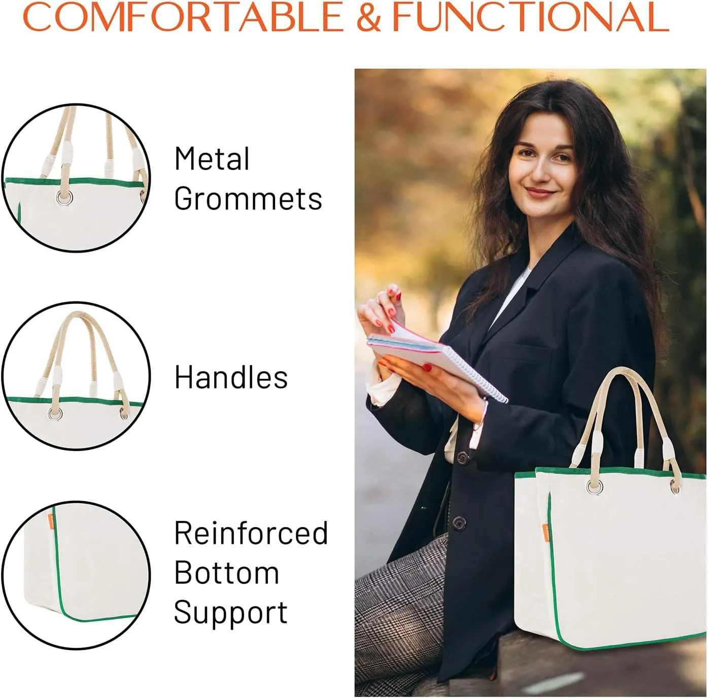 Canvas Rope Handle Tote Bag For Women - Metal Grommets - Perfect For Traveling, Groceries