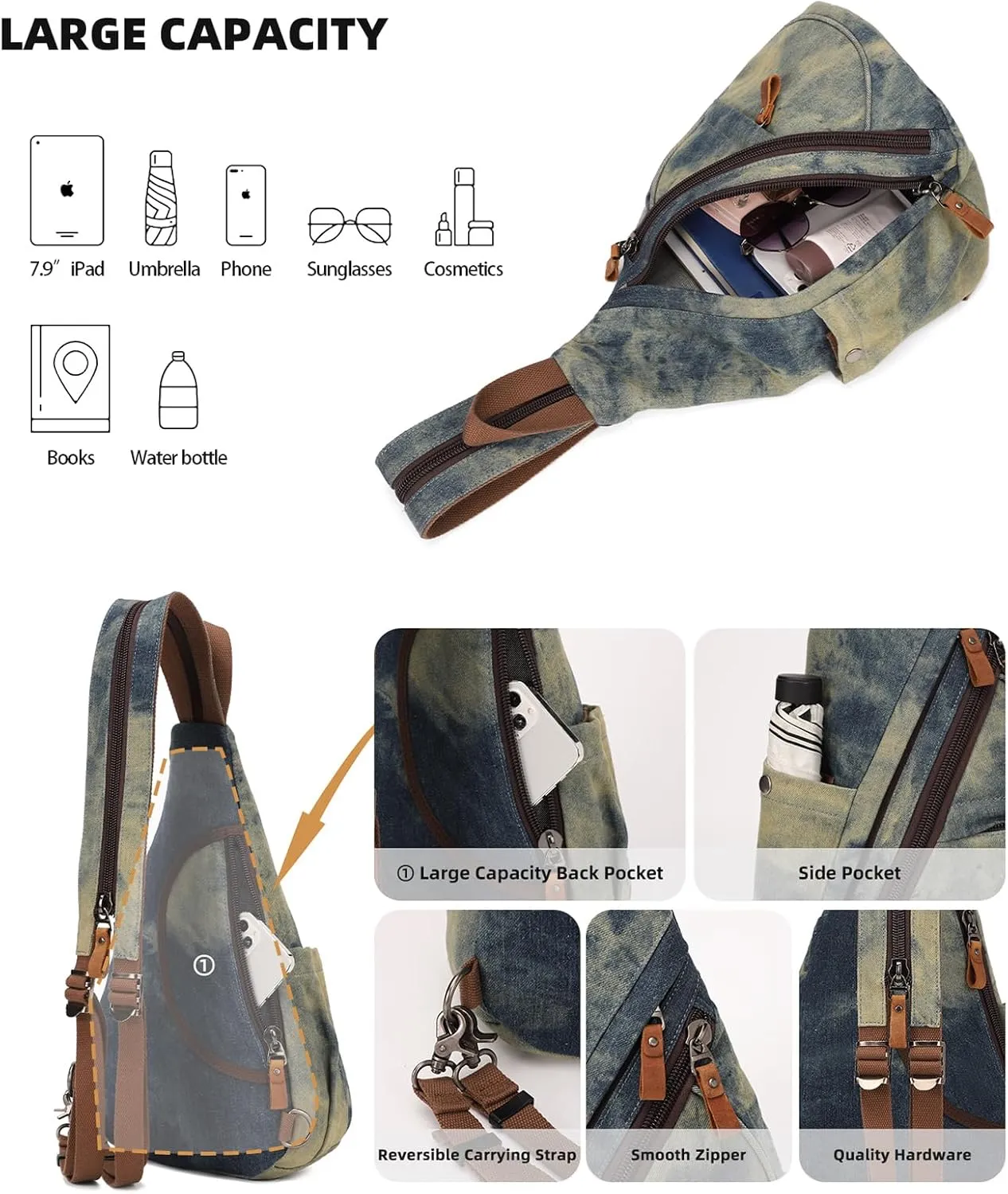 Canvas Sling Bag - Small Crossbody Backpack Shoulder Casual Daypack Rucksack for Men Women(Large Version)