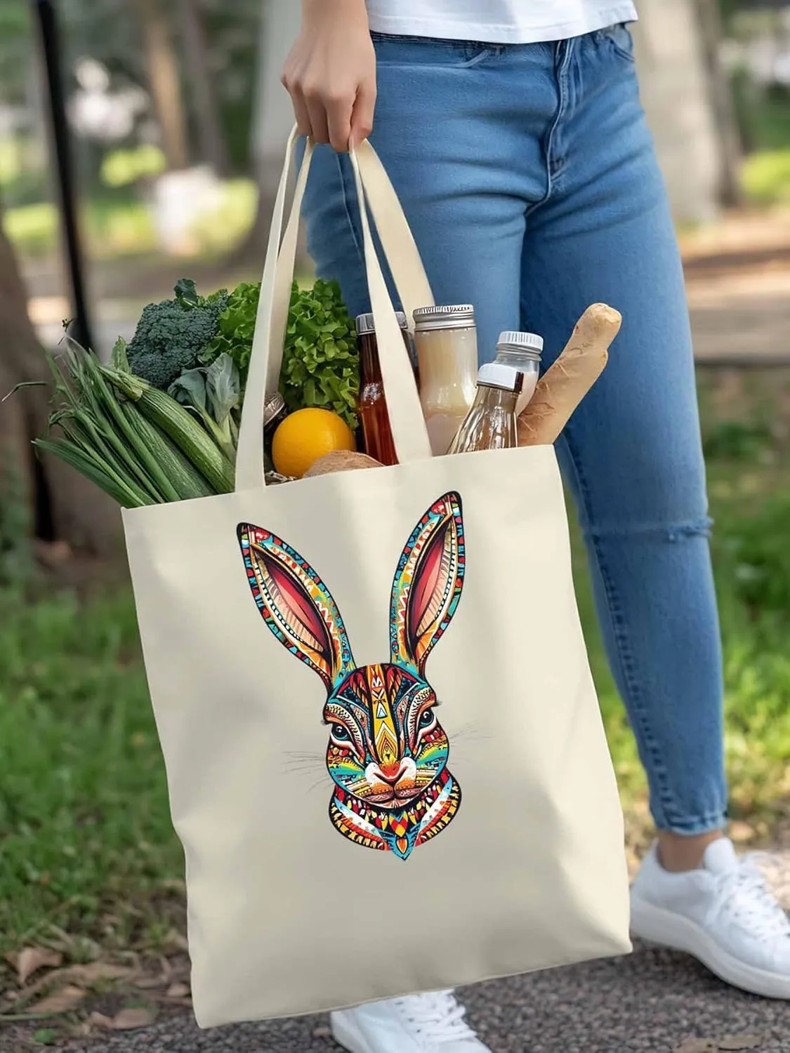 Canvas Tote Bag, Abstract Colorful Bunny patterned Canvas Tote Handbags for Women Shoulder Bag,