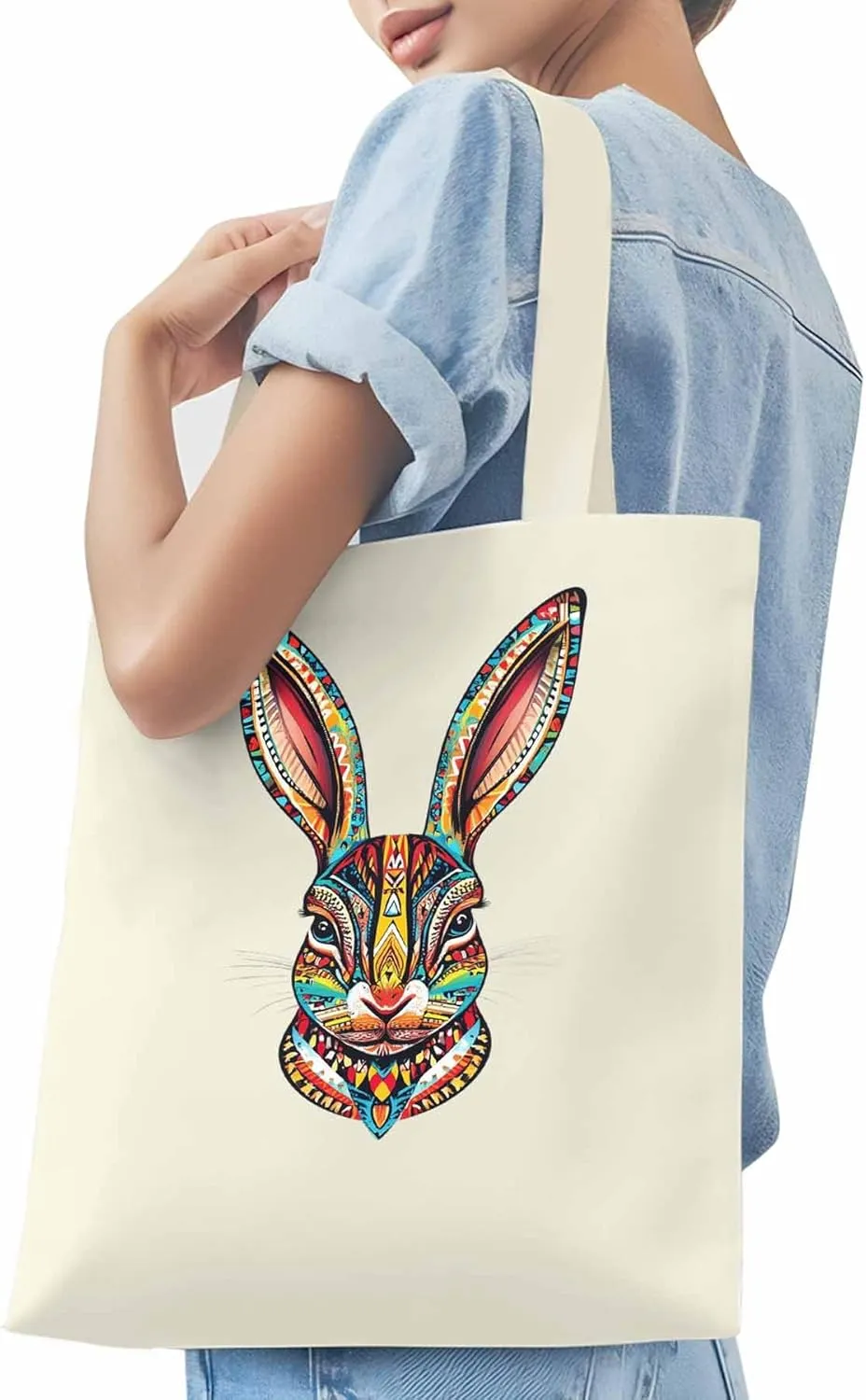 Canvas Tote Bag, Abstract Colorful Bunny patterned Canvas Tote Handbags for Women Shoulder Bag,