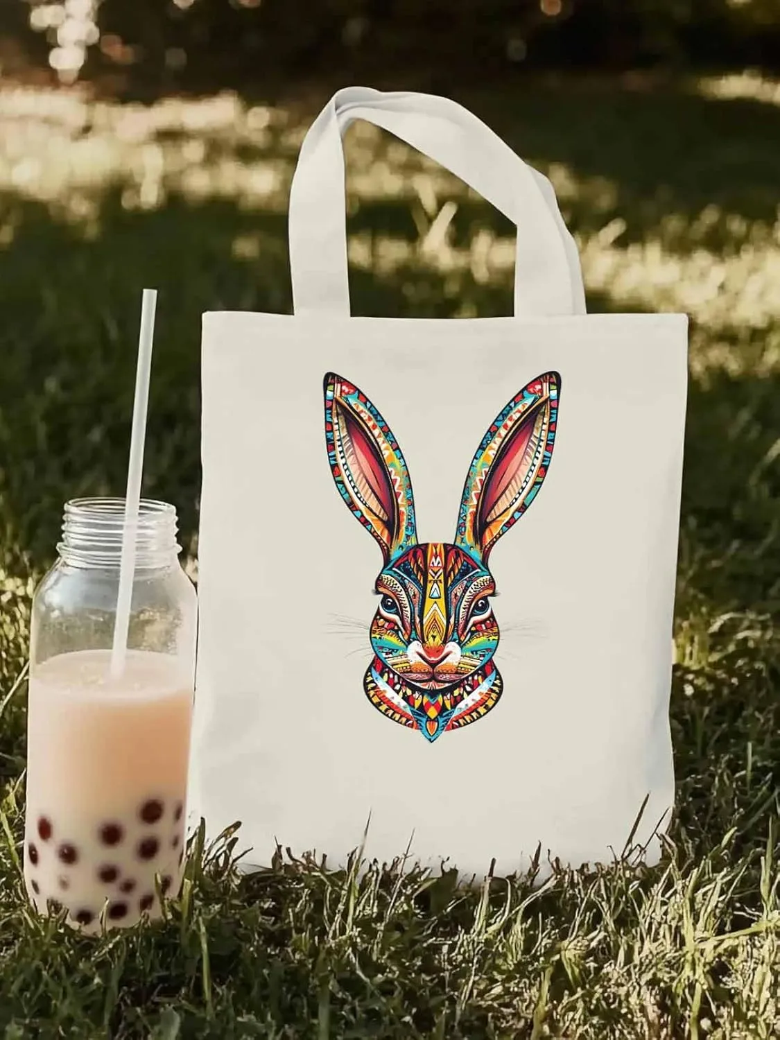 Canvas Tote Bag, Abstract Colorful Bunny patterned Canvas Tote Handbags for Women Shoulder Bag,