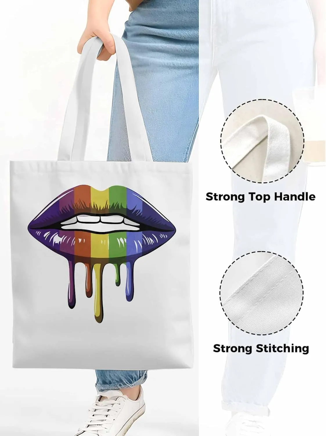 Canvas Tote Bag, Abstract Colorful Lips Aesthetic Canvas Tote Handbags for Women Shoulder Bag