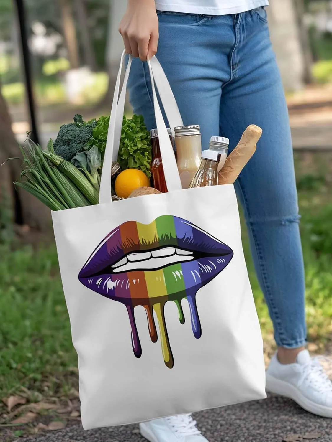 Canvas Tote Bag, Abstract Colorful Lips Aesthetic Canvas Tote Handbags for Women Shoulder Bag