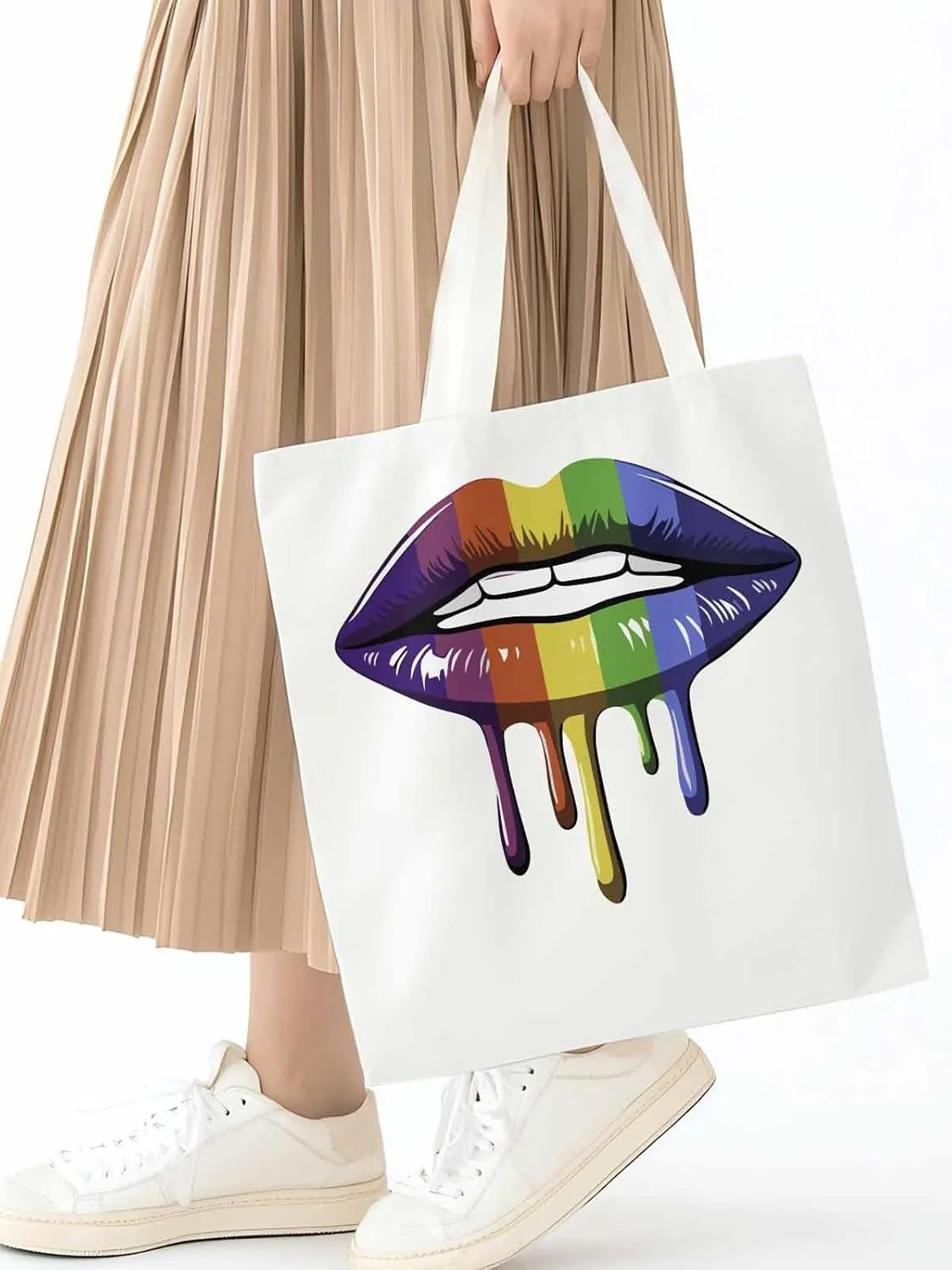 Canvas Tote Bag, Abstract Colorful Lips Aesthetic Canvas Tote Handbags for Women Shoulder Bag