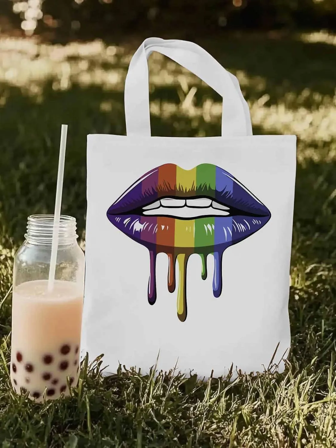 Canvas Tote Bag, Abstract Colorful Lips Aesthetic Canvas Tote Handbags for Women Shoulder Bag