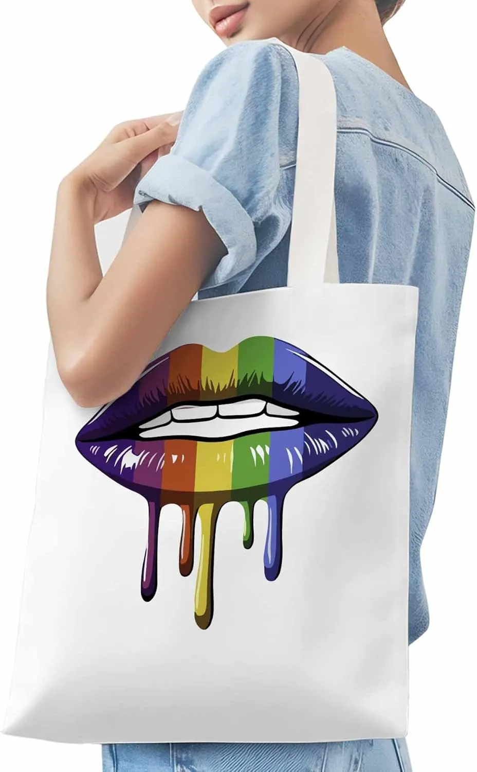 Canvas Tote Bag, Abstract Colorful Lips Aesthetic Canvas Tote Handbags for Women Shoulder Bag