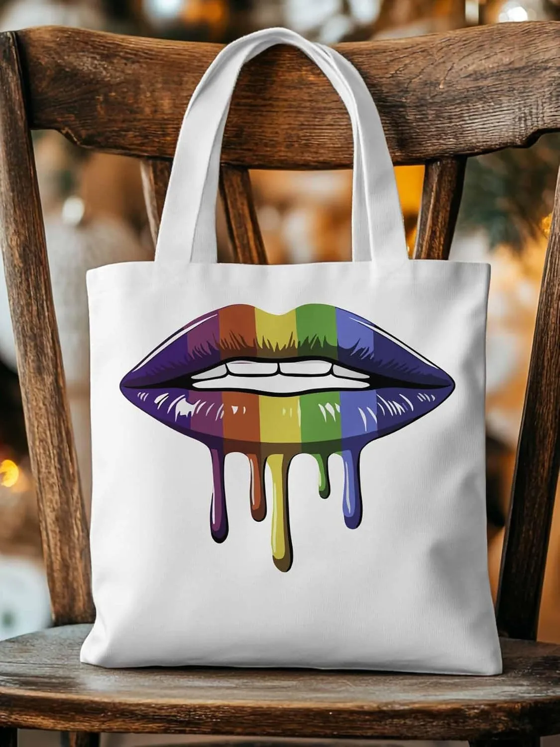 Canvas Tote Bag, Abstract Colorful Lips Aesthetic Canvas Tote Handbags for Women Shoulder Bag