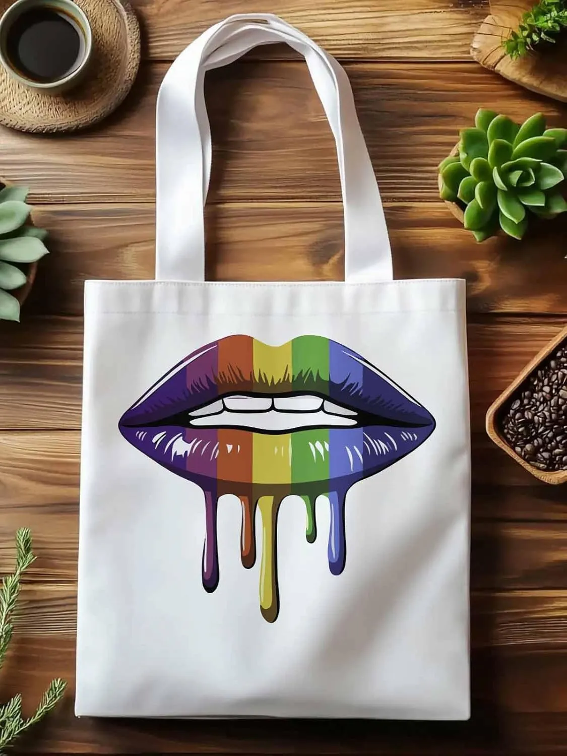 Canvas Tote Bag, Abstract Colorful Lips Aesthetic Canvas Tote Handbags for Women Shoulder Bag