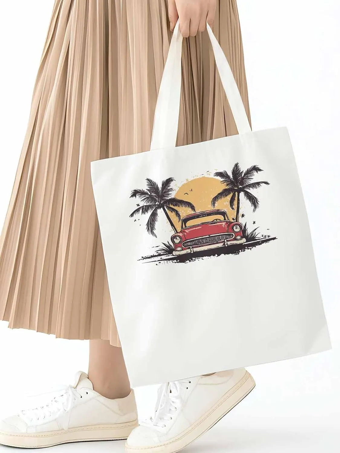 Canvas Tote Bag, Beach Red Car Coconut Tree Sun Bird patterned Canvas Tote Handbags for Women Shoulder Bag,