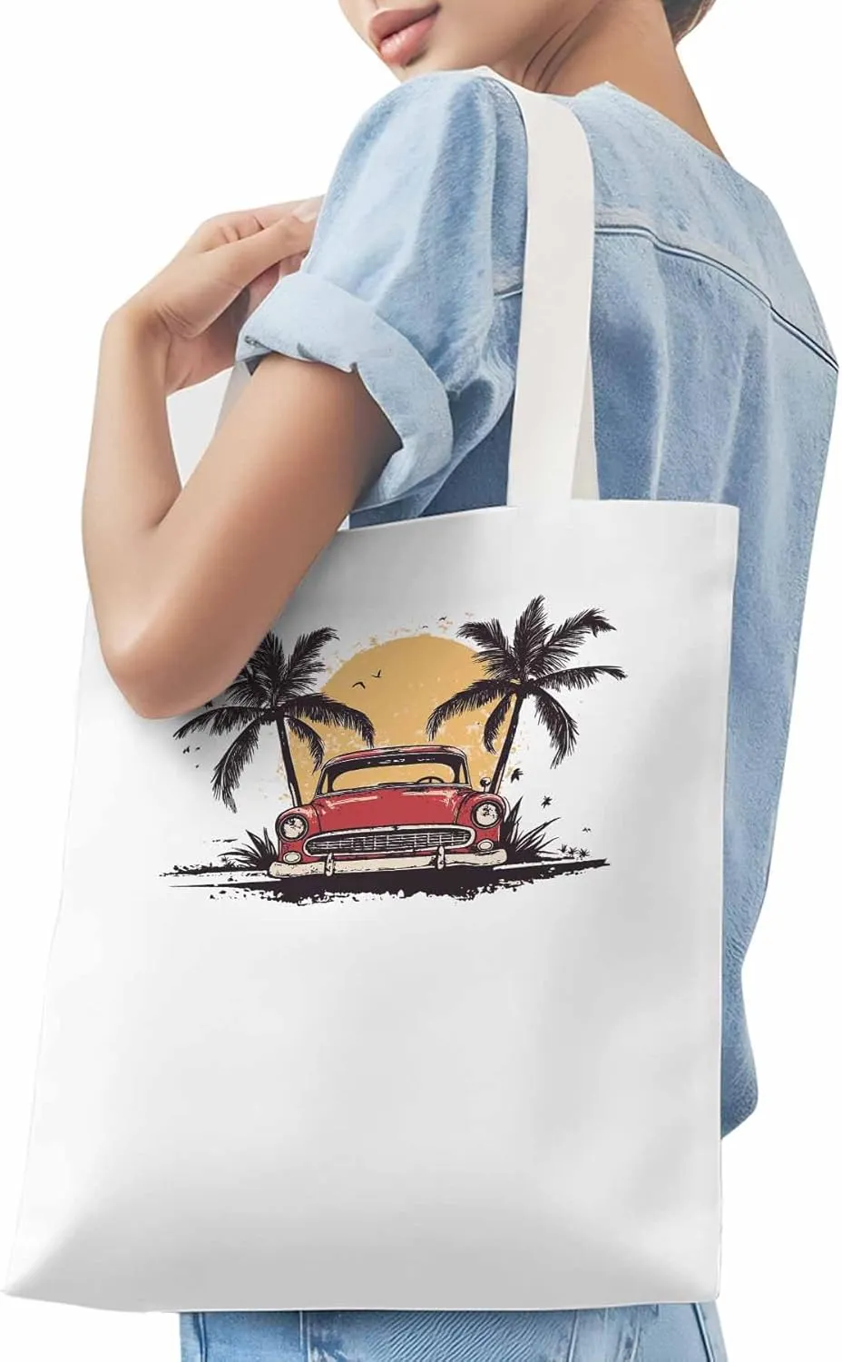 Canvas Tote Bag, Beach Red Car Coconut Tree Sun Bird patterned Canvas Tote Handbags for Women Shoulder Bag,
