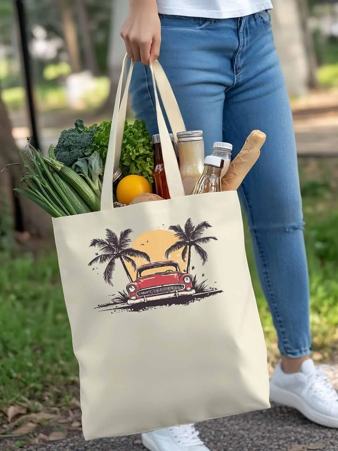 Canvas Tote Bag, Beach Red Car Coconut Tree Sun Bird patterned Canvas Tote Handbags for Women Shoulder Bag,