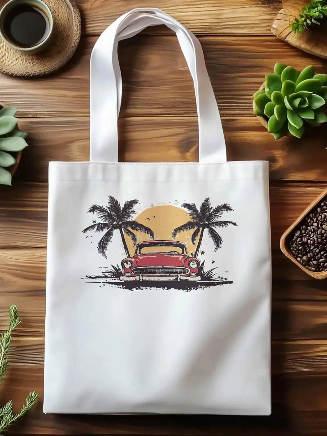 Canvas Tote Bag, Beach Red Car Coconut Tree Sun Bird patterned Canvas Tote Handbags for Women Shoulder Bag,