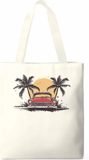 Canvas Tote Bag, Beach Red Car Coconut Tree Sun Bird patterned Canvas Tote Handbags for Women Shoulder Bag,