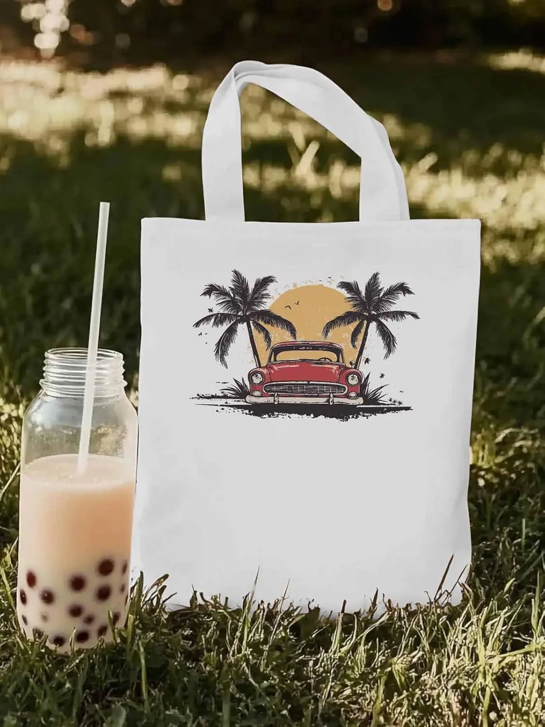 Canvas Tote Bag, Beach Red Car Coconut Tree Sun Bird patterned Canvas Tote Handbags for Women Shoulder Bag,