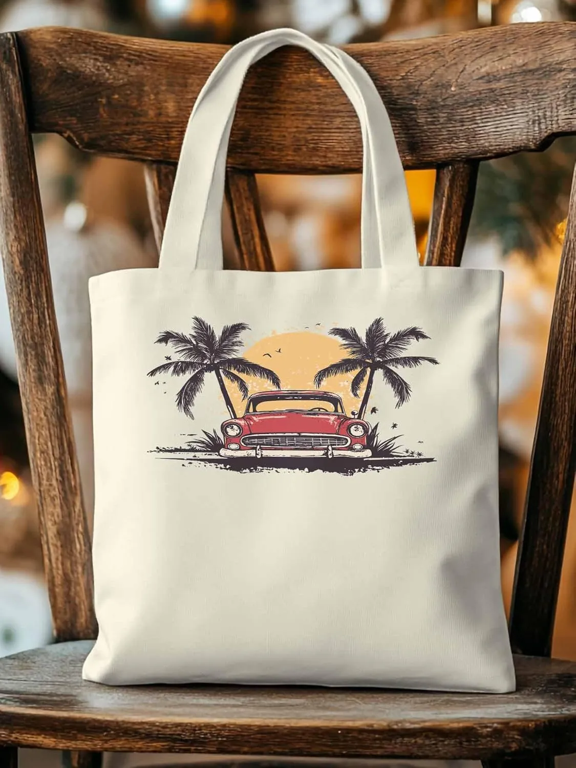 Canvas Tote Bag, Beach Red Car Coconut Tree Sun Bird patterned Canvas Tote Handbags for Women Shoulder Bag,