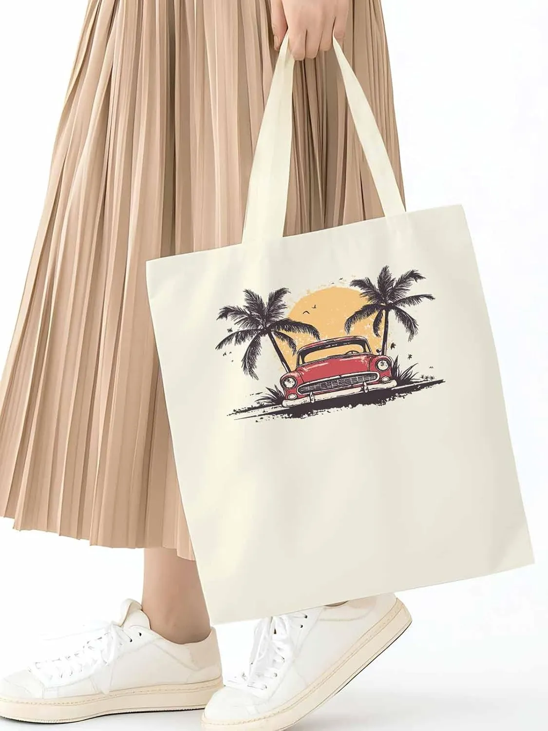 Canvas Tote Bag, Beach Red Car Coconut Tree Sun Bird patterned Canvas Tote Handbags for Women Shoulder Bag,