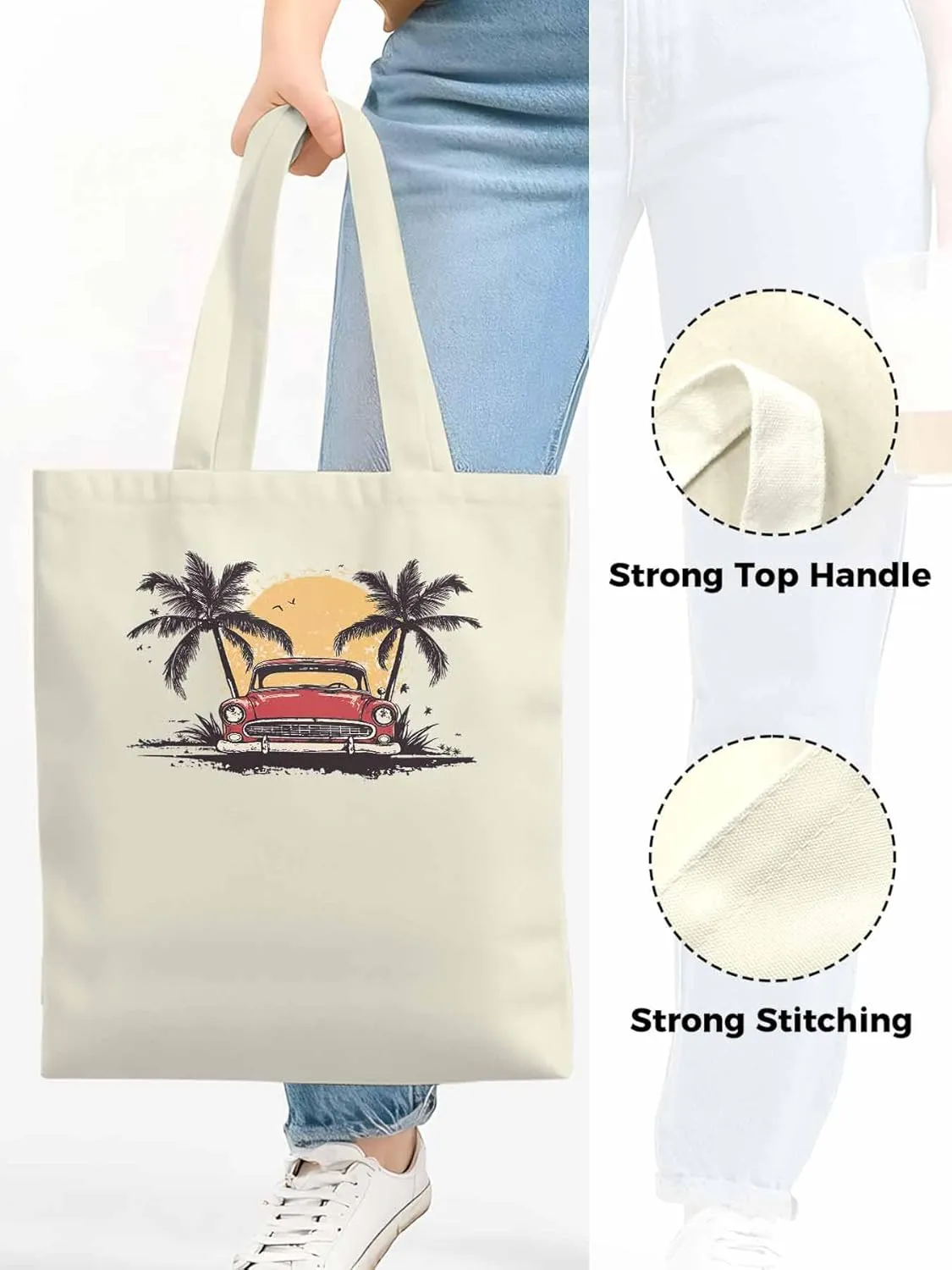 Canvas Tote Bag, Beach Red Car Coconut Tree Sun Bird patterned Canvas Tote Handbags for Women Shoulder Bag,
