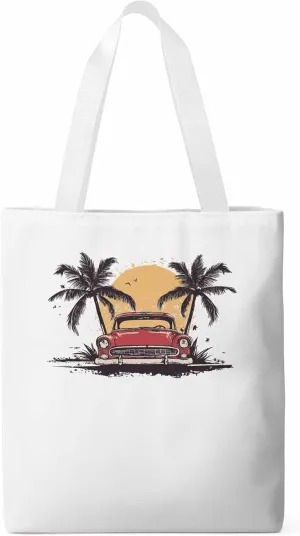 Canvas Tote Bag, Beach Red Car Coconut Tree Sun Bird patterned Canvas Tote Handbags for Women Shoulder Bag,