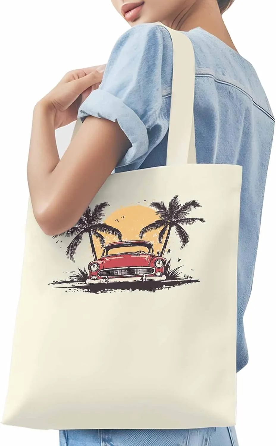 Canvas Tote Bag, Beach Red Car Coconut Tree Sun Bird patterned Canvas Tote Handbags for Women Shoulder Bag,