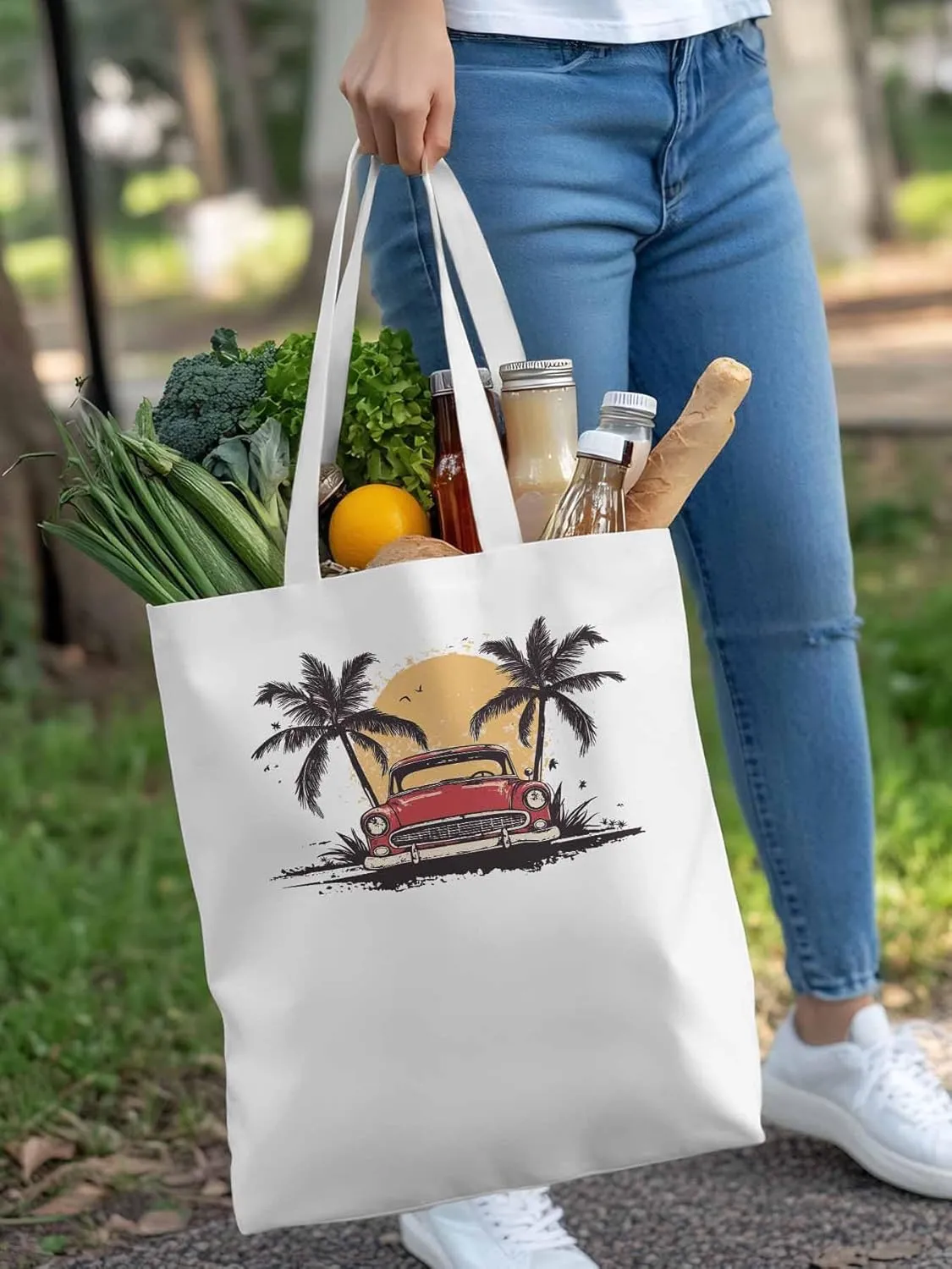 Canvas Tote Bag, Beach Red Car Coconut Tree Sun Bird patterned Canvas Tote Handbags for Women Shoulder Bag,
