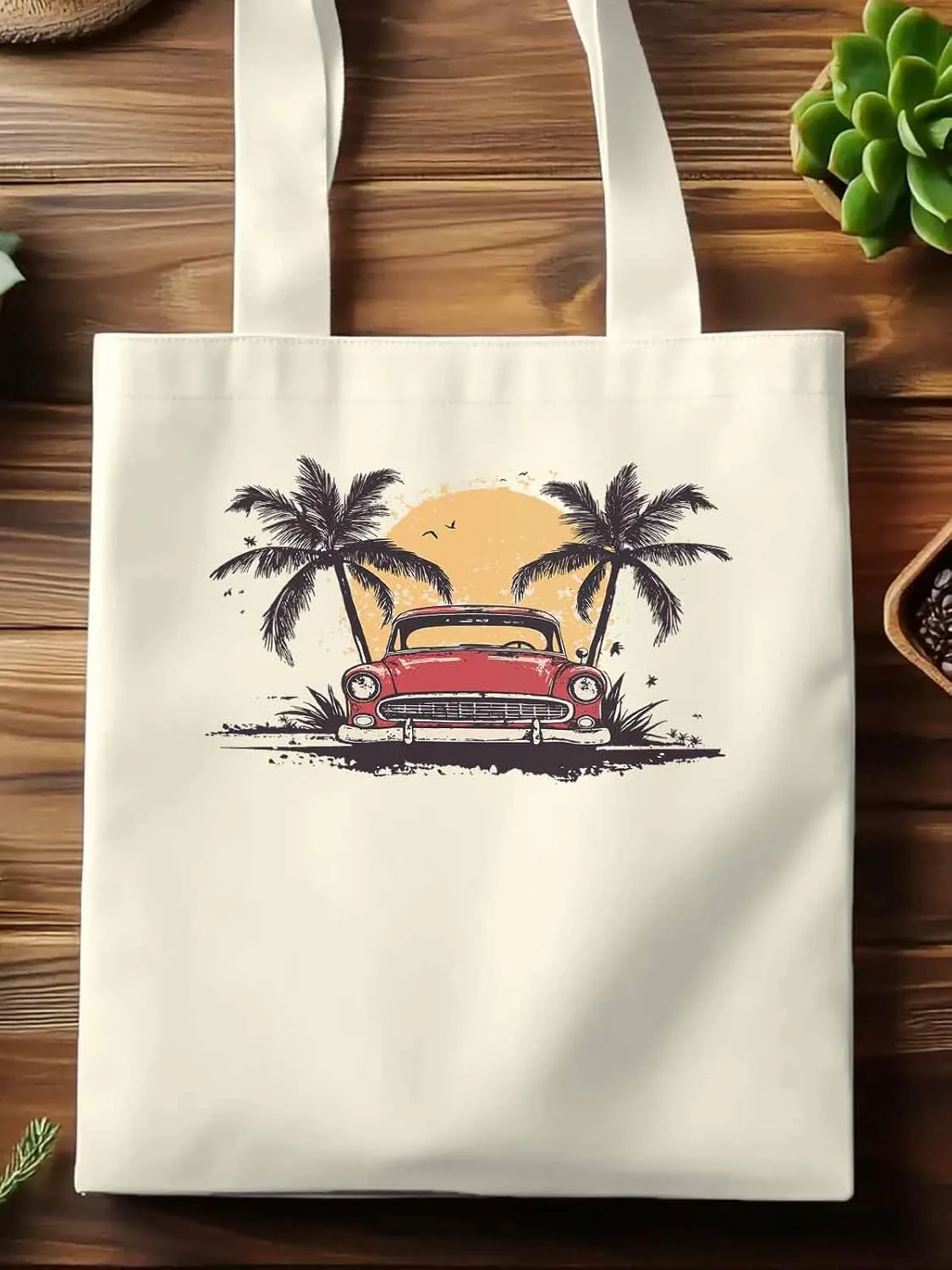 Canvas Tote Bag, Beach Red Car Coconut Tree Sun Bird patterned Canvas Tote Handbags for Women Shoulder Bag,