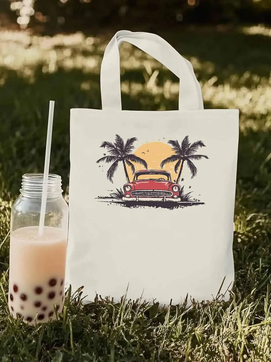 Canvas Tote Bag, Beach Red Car Coconut Tree Sun Bird patterned Canvas Tote Handbags for Women Shoulder Bag,