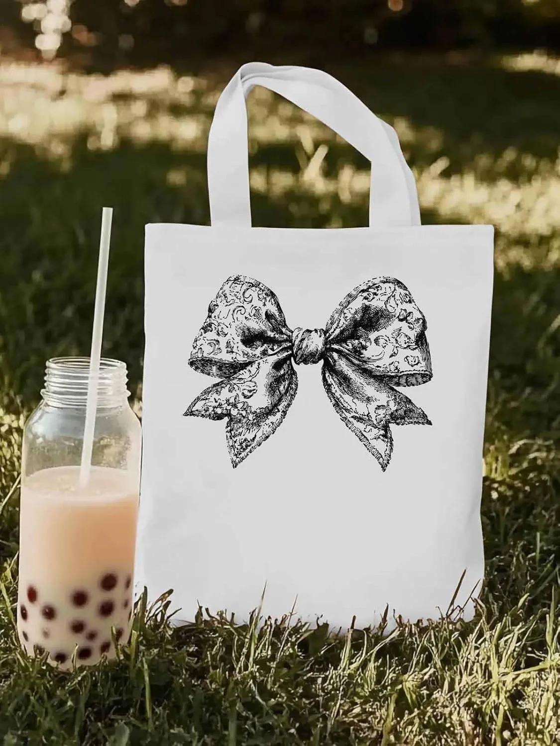 Canvas Tote Bag, Black Vintage Flowers Bowknot Aesthetic Canvas Tote Handbags for Women Shoulder Bag