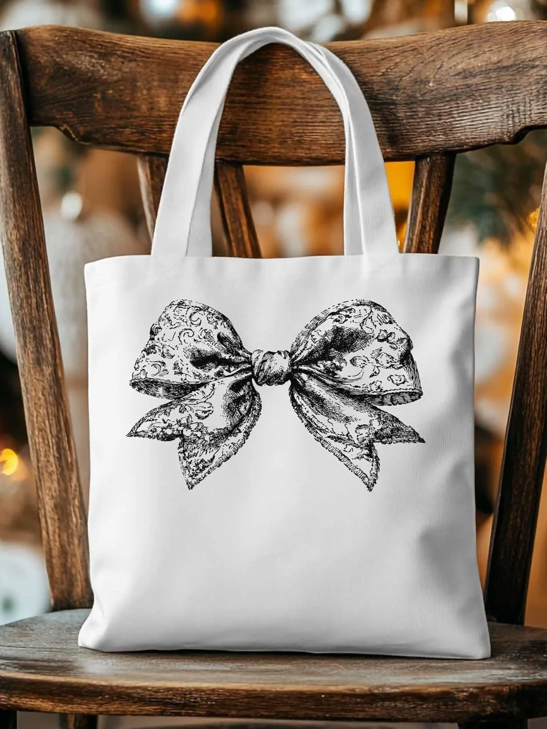 Canvas Tote Bag, Black Vintage Flowers Bowknot Aesthetic Canvas Tote Handbags for Women Shoulder Bag