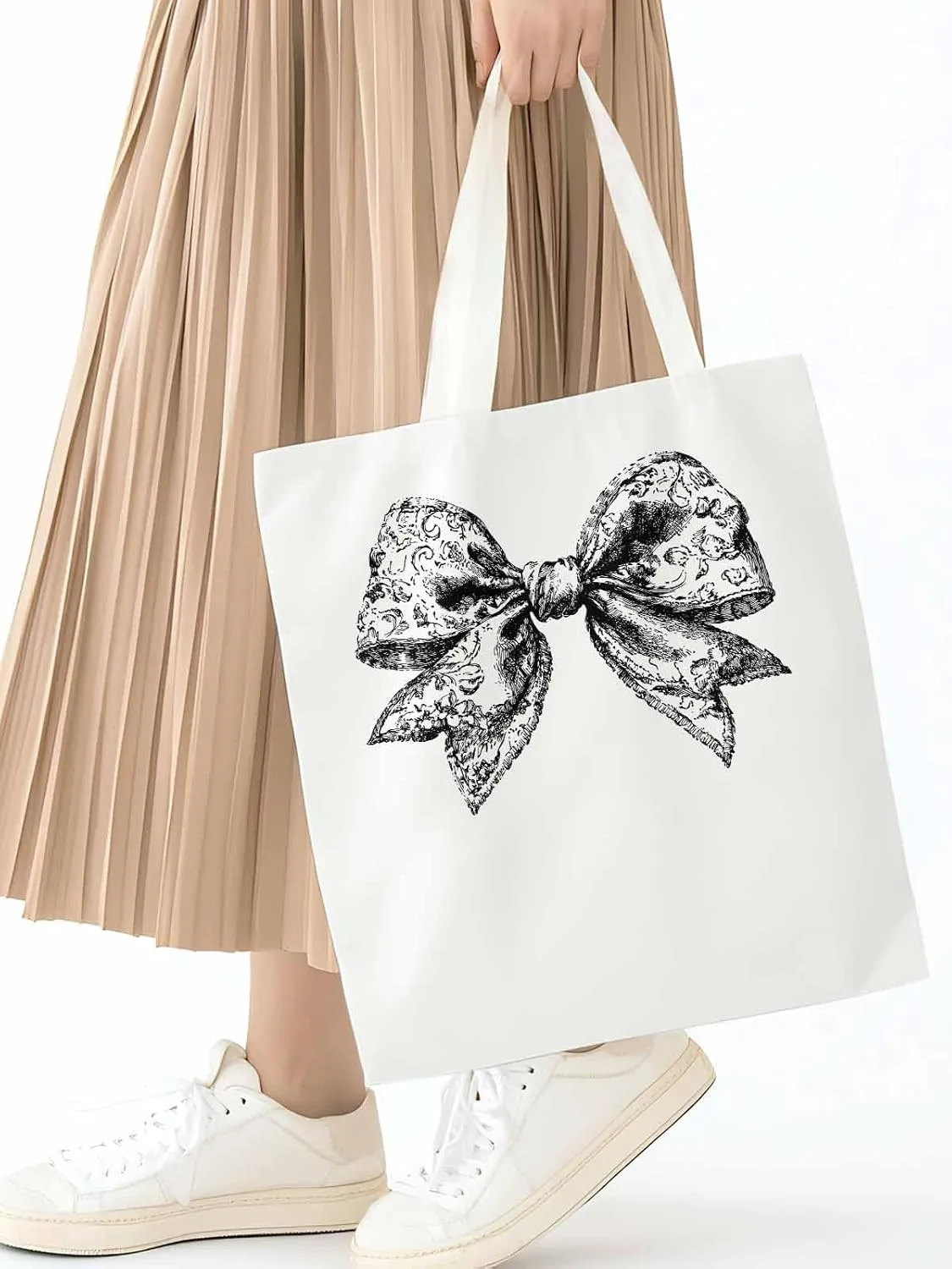 Canvas Tote Bag, Black Vintage Flowers Bowknot Aesthetic Canvas Tote Handbags for Women Shoulder Bag