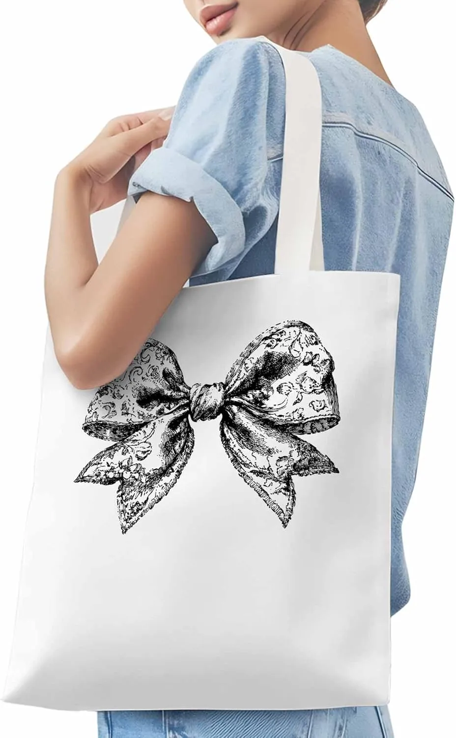 Canvas Tote Bag, Black Vintage Flowers Bowknot Aesthetic Canvas Tote Handbags for Women Shoulder Bag
