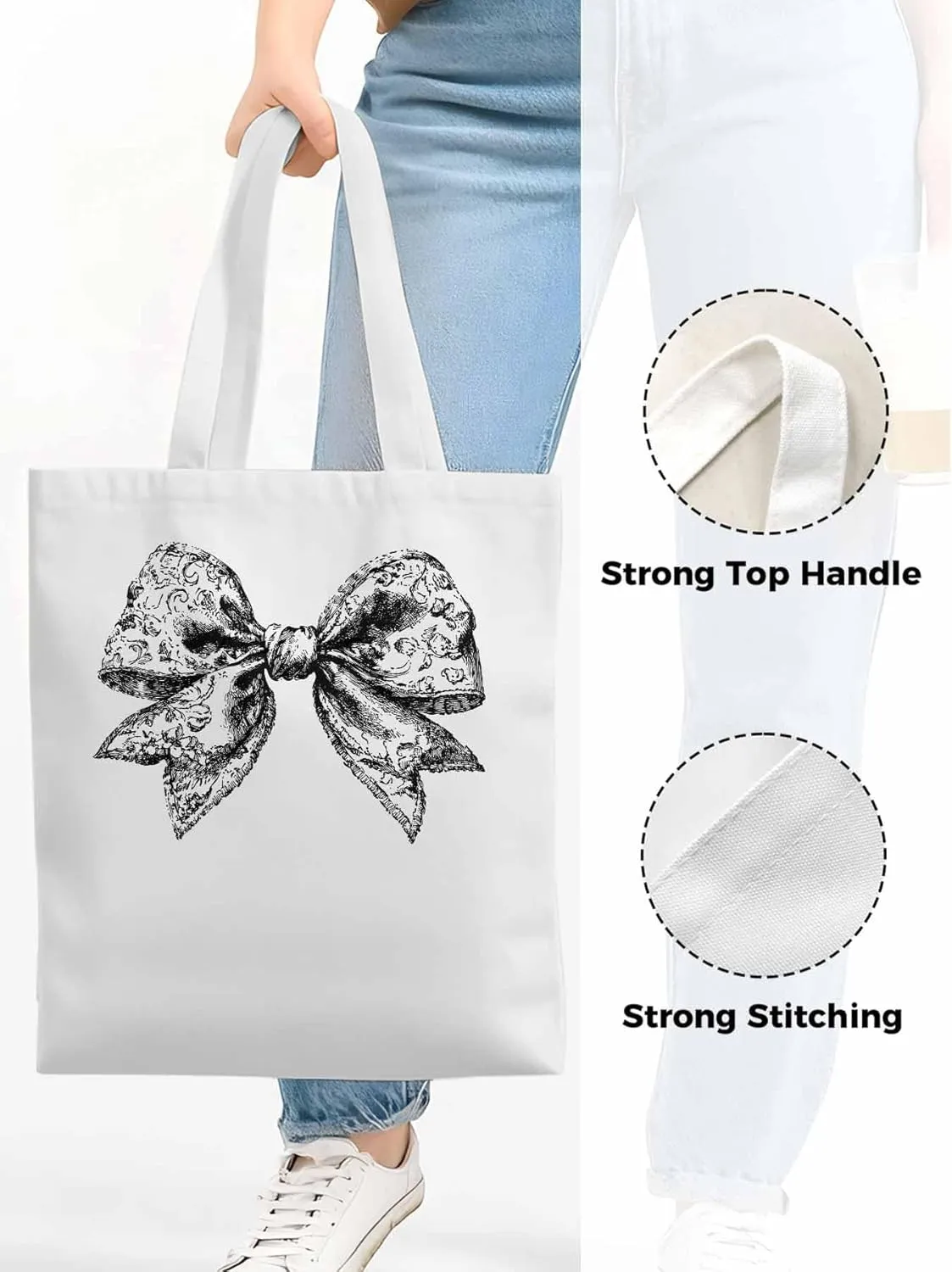 Canvas Tote Bag, Black Vintage Flowers Bowknot Aesthetic Canvas Tote Handbags for Women Shoulder Bag