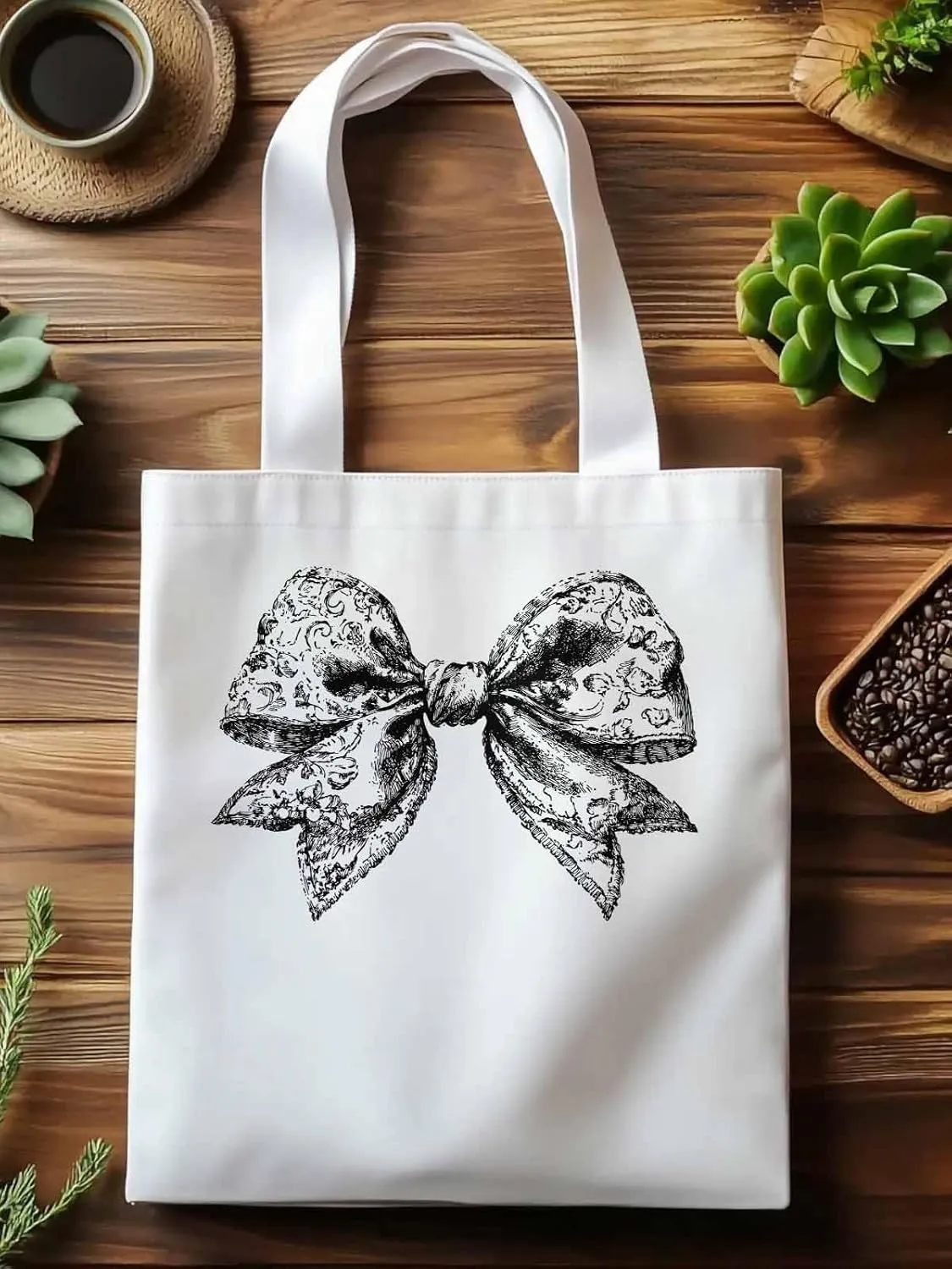 Canvas Tote Bag, Black Vintage Flowers Bowknot Aesthetic Canvas Tote Handbags for Women Shoulder Bag