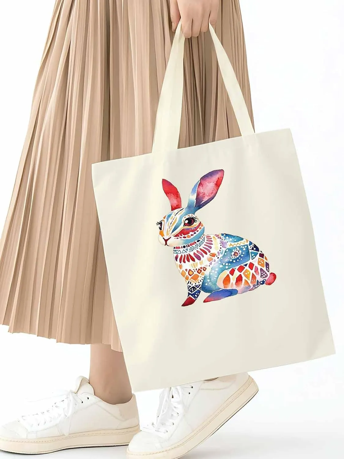 Canvas Tote Bag, Boho Floral Rabbit Print patterned Canvas Tote Handbags for Women Shoulder Bag,