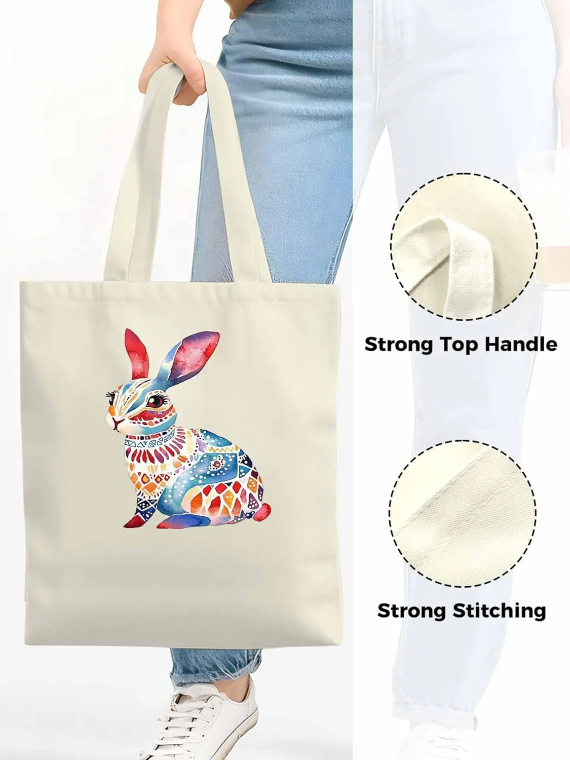 Canvas Tote Bag, Boho Floral Rabbit Print patterned Canvas Tote Handbags for Women Shoulder Bag,
