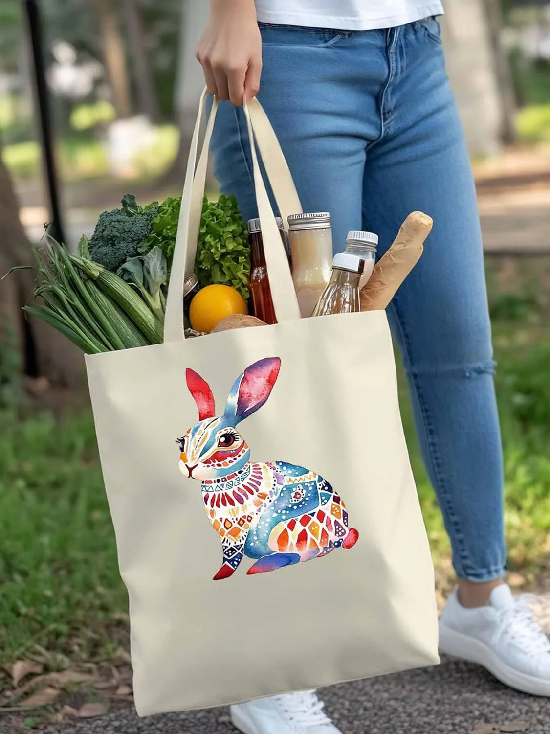 Canvas Tote Bag, Boho Floral Rabbit Print patterned Canvas Tote Handbags for Women Shoulder Bag,