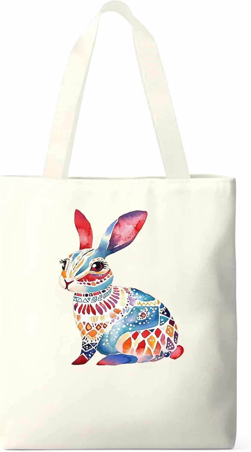 Canvas Tote Bag, Boho Floral Rabbit Print patterned Canvas Tote Handbags for Women Shoulder Bag,