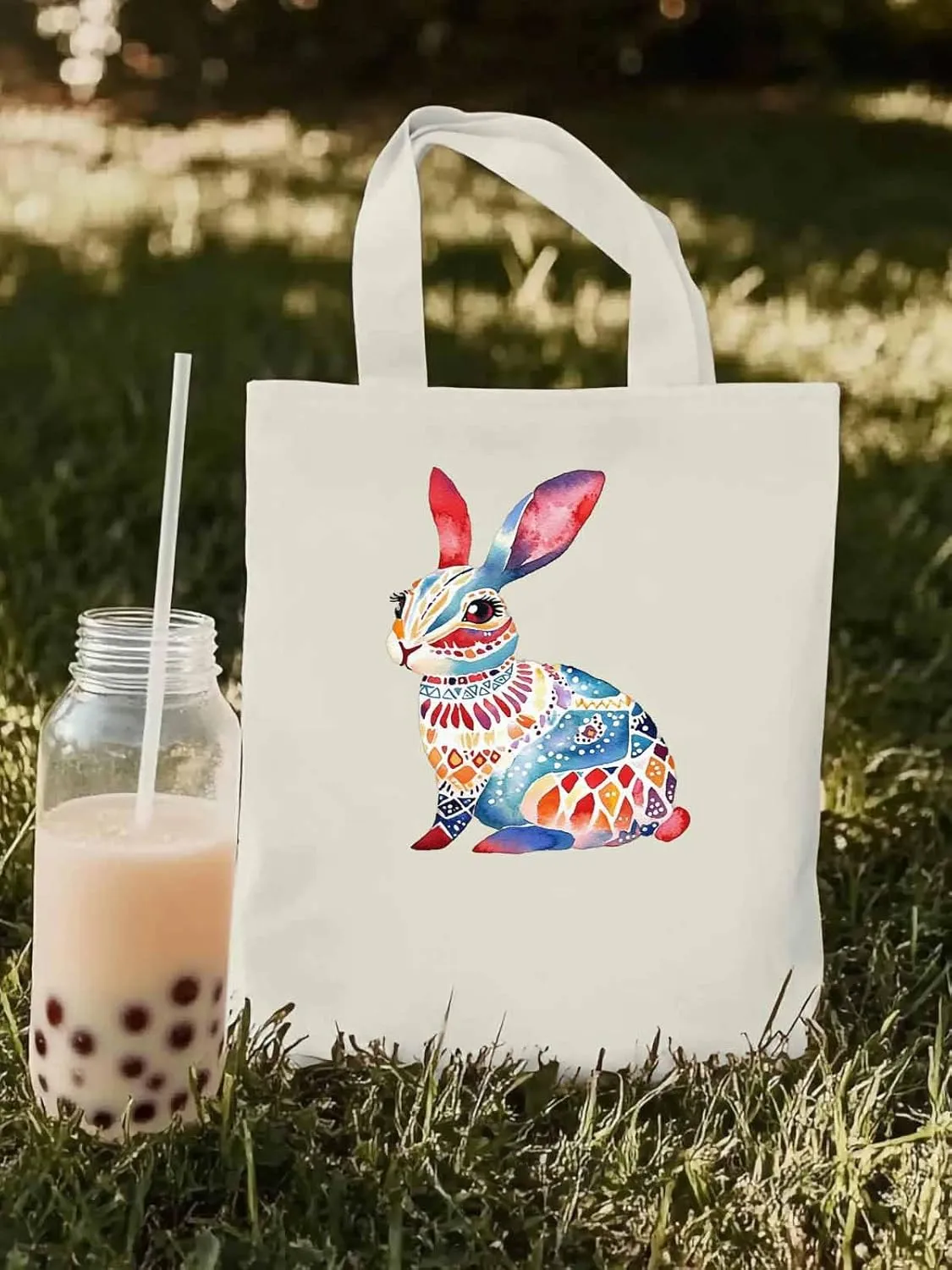 Canvas Tote Bag, Boho Floral Rabbit Print patterned Canvas Tote Handbags for Women Shoulder Bag,