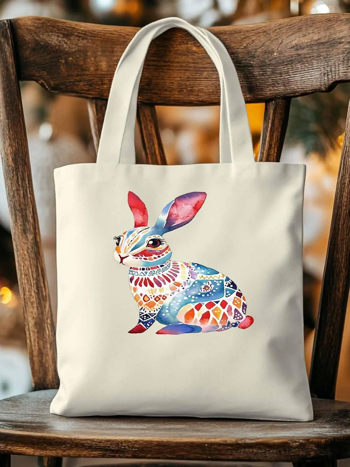 Canvas Tote Bag, Boho Floral Rabbit Print patterned Canvas Tote Handbags for Women Shoulder Bag,