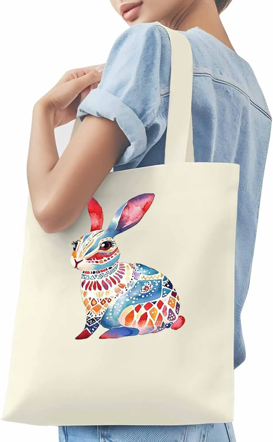 Canvas Tote Bag, Boho Floral Rabbit Print patterned Canvas Tote Handbags for Women Shoulder Bag,