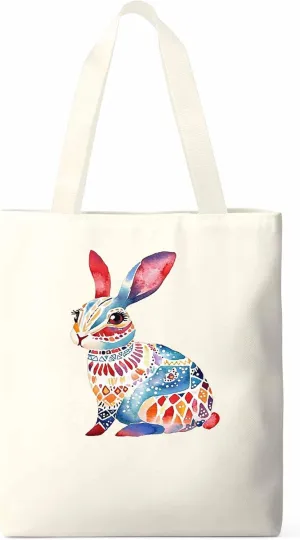 Canvas Tote Bag, Boho Floral Rabbit Print patterned Canvas Tote Handbags for Women Shoulder Bag,