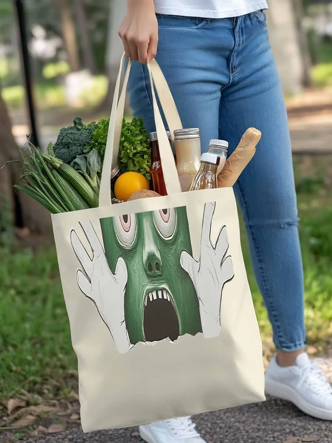 Canvas Tote Bag, Cartoon Feats Eyes Print Aesthetic Canvas Tote Handbags for Women Shoulder Bag,