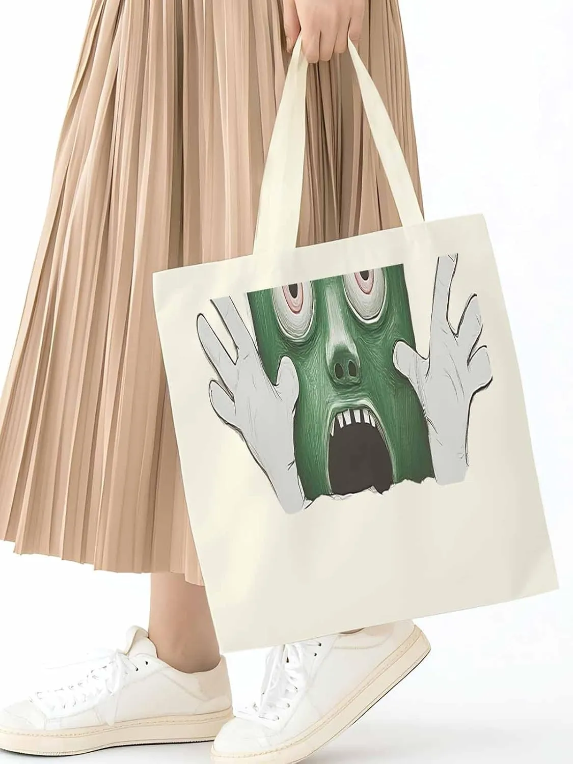 Canvas Tote Bag, Cartoon Feats Eyes Print Aesthetic Canvas Tote Handbags for Women Shoulder Bag,
