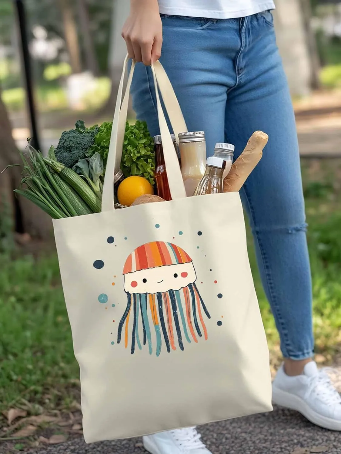 Canvas Tote Bag, Cartoon Jellyfish Print patterned Canvas Tote Handbags for Women Shoulder Bag,