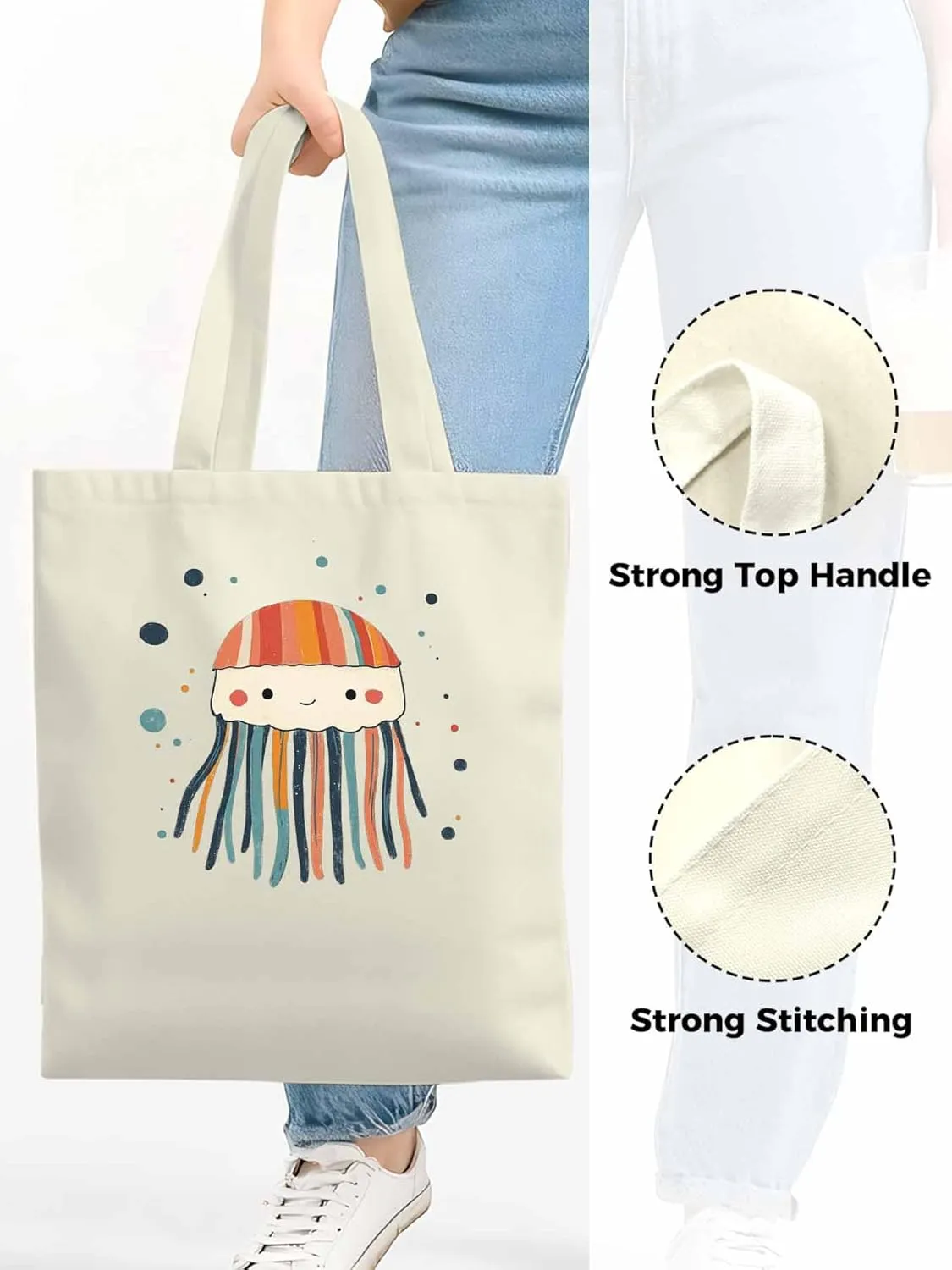Canvas Tote Bag, Cartoon Jellyfish Print patterned Canvas Tote Handbags for Women Shoulder Bag,