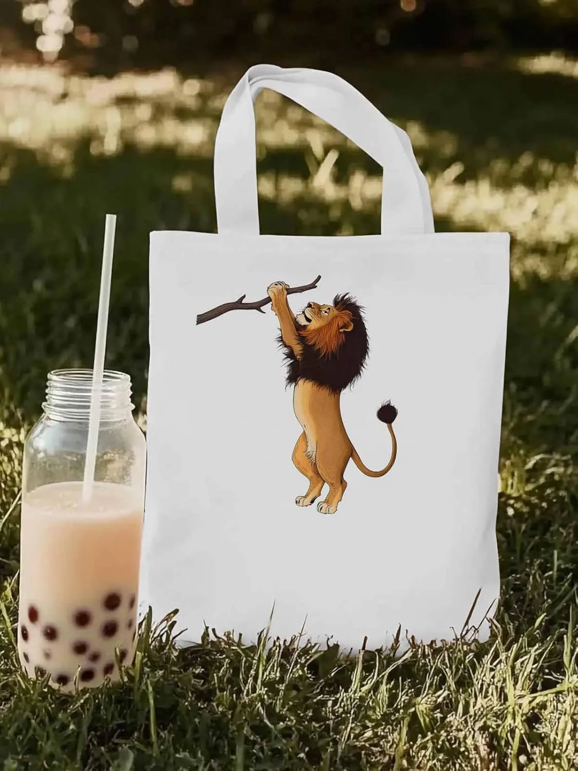 Canvas Tote Bag, Cartoon Lion Branch patterned Canvas Tote Handbags for Women Shoulder Bag,